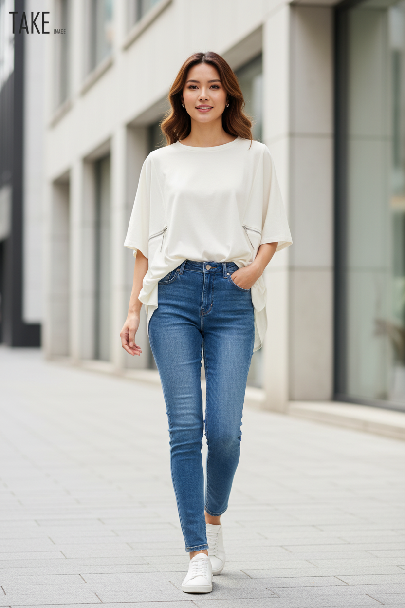 Model wearing cream oversized blouse with high-waist jeans and white sneakers