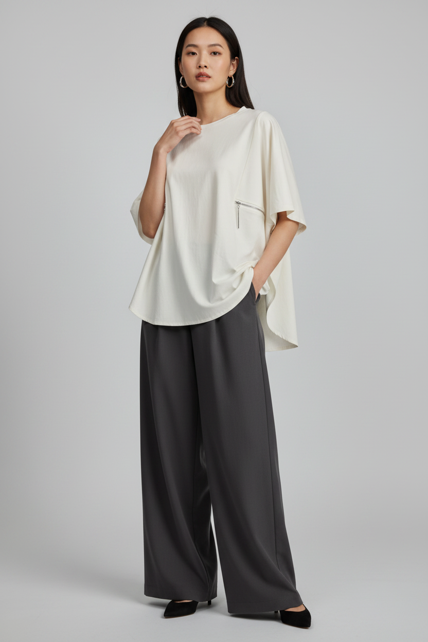 Pear shape model wearing cream oversized blouse with dark wide-leg trousers